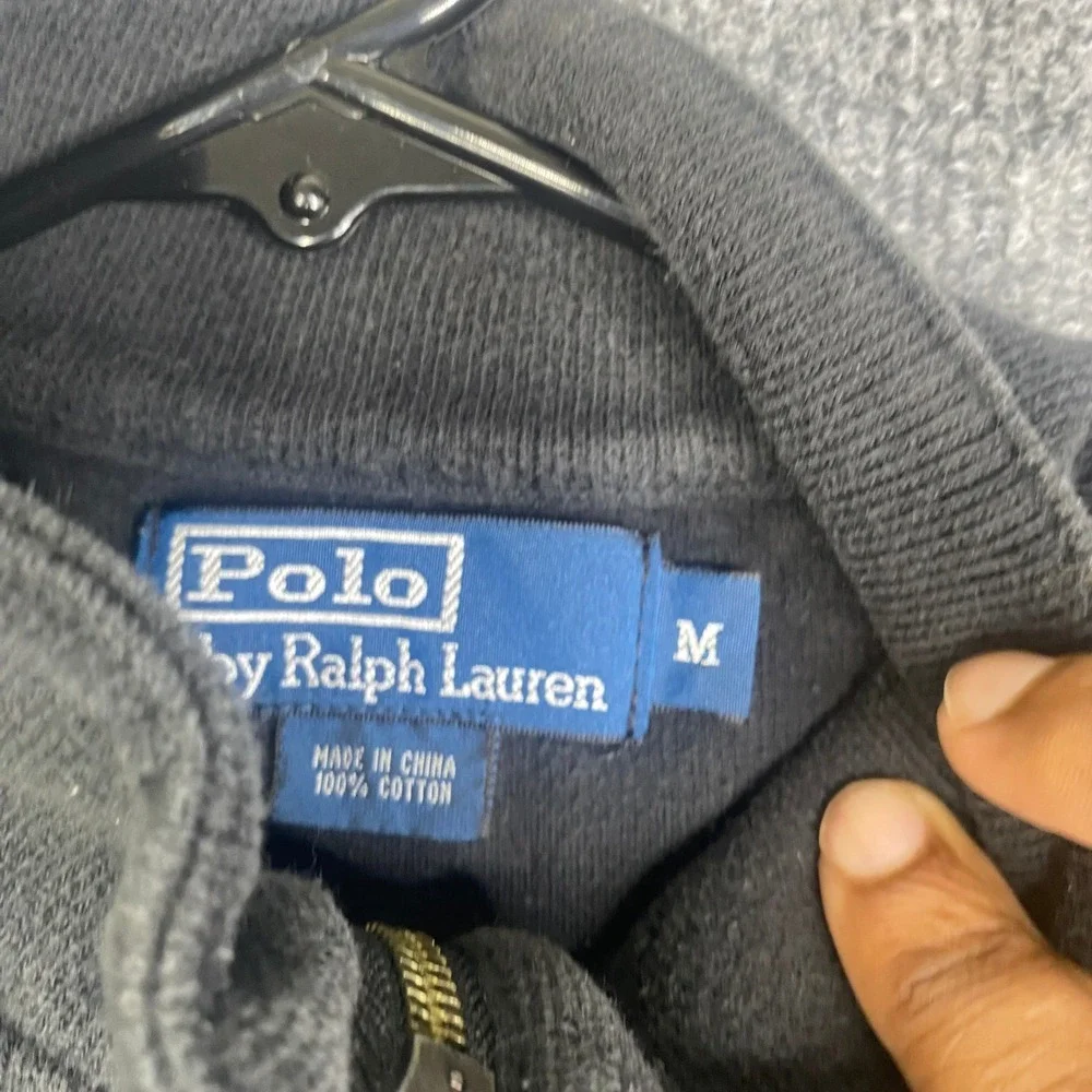 Polo Ralph Lauren Mens Medium Black 1/4 Zip Cotton Knit Pullover Purple Pony